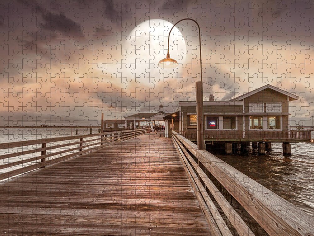 Clouds Jigsaw Puzzle featuring the photograph Full Moon over the Beach Docks on Jekyll Island by Debra and Dave Vanderlaan