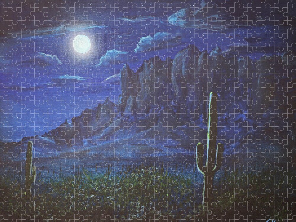 Superstition Mountains Jigsaw Puzzle featuring the painting Full Moon over the Superstition Mountains, Arizona by Chance Kafka
