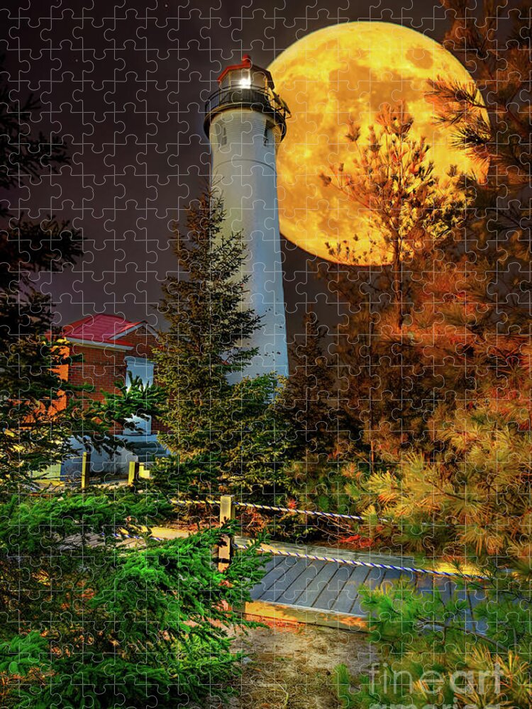 Crisp Point Jigsaw Puzzle featuring the digital art Full Moon Rising Over Crisp Point Lighthouse by Norris Seward