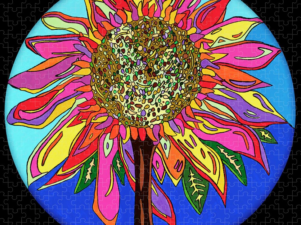 Flower Psychedelic Colorerful Pop Art Jigsaw Puzzle featuring the painting FunFlower by Mike Stanko