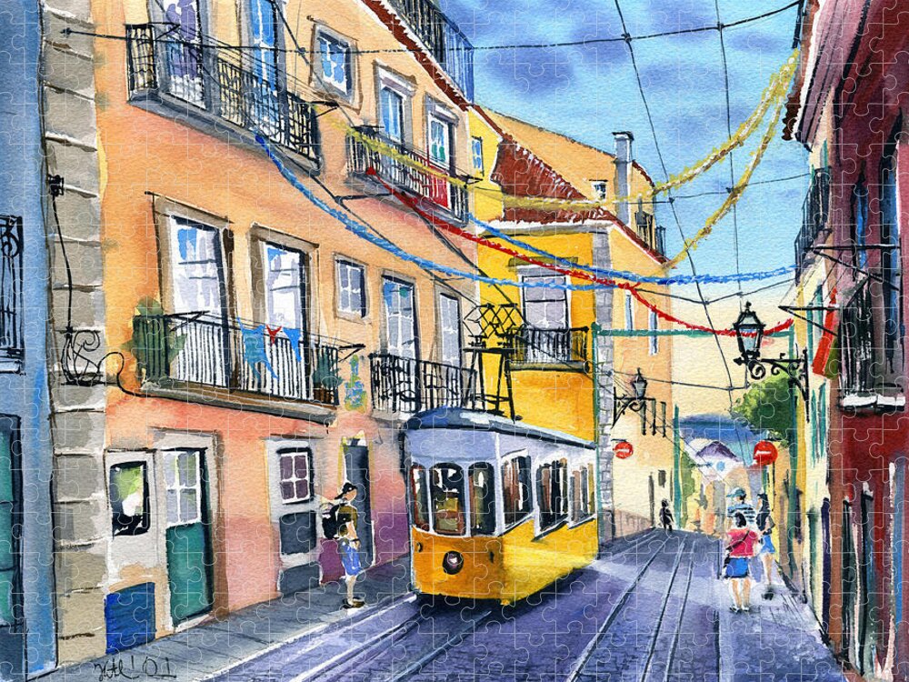 Portugal Jigsaw Puzzle featuring the painting Funicular Bica in Lisbon by Dora Hathazi Mendes