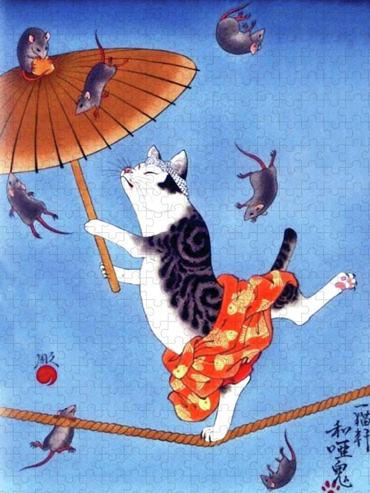 Japan Jigsaw Puzzle featuring the digital art Funny Cat Balancing on a Rope by Long Shot