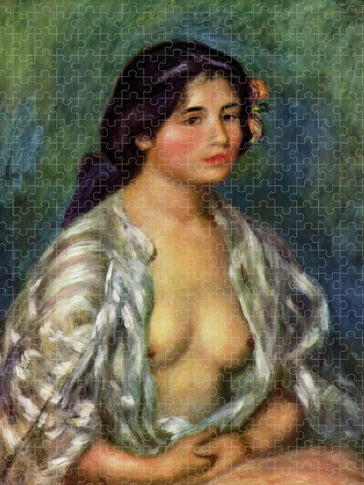 French Jigsaw Puzzle featuring the painting Gabrielle With Open Blouse by Pierre-Auguste Renoir