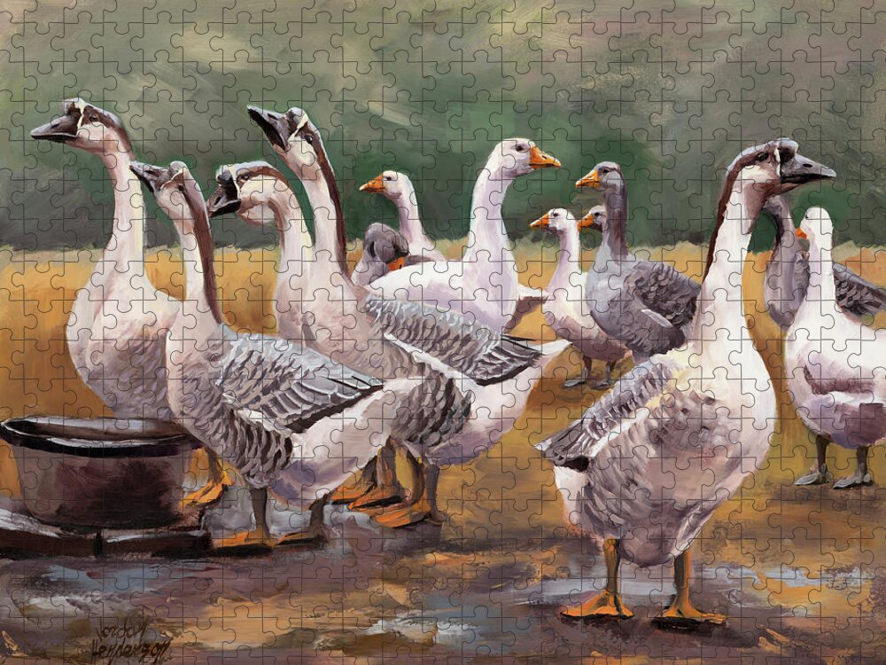 Geese Jigsaw Puzzle featuring the painting Gaggle by the Water Bucket by Jordan Henderson
