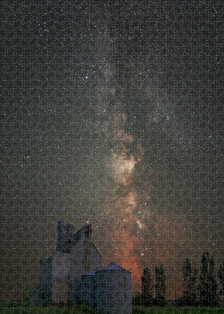 Milky Way Jigsaw Puzzle featuring the photograph Galactic Elevator - Summer Milky way core with grain elevator by Peter Herman