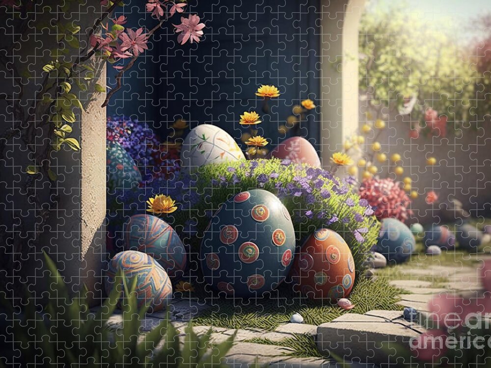 Garden Jigsaw Puzzle featuring the digital art Garden Adventure, Photorealistic Easter Egg Hunt in a Spring Wonderland by Jeff Creation