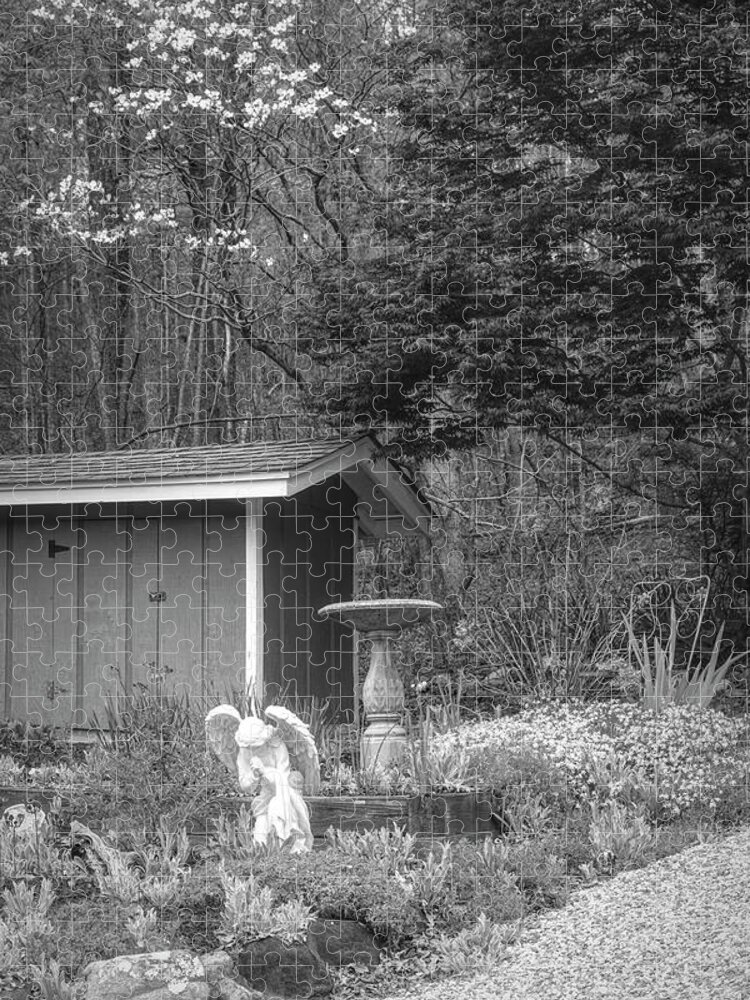 Barns Jigsaw Puzzle featuring the photograph Garden Angel in Black and White by Debra and Dave Vanderlaan
