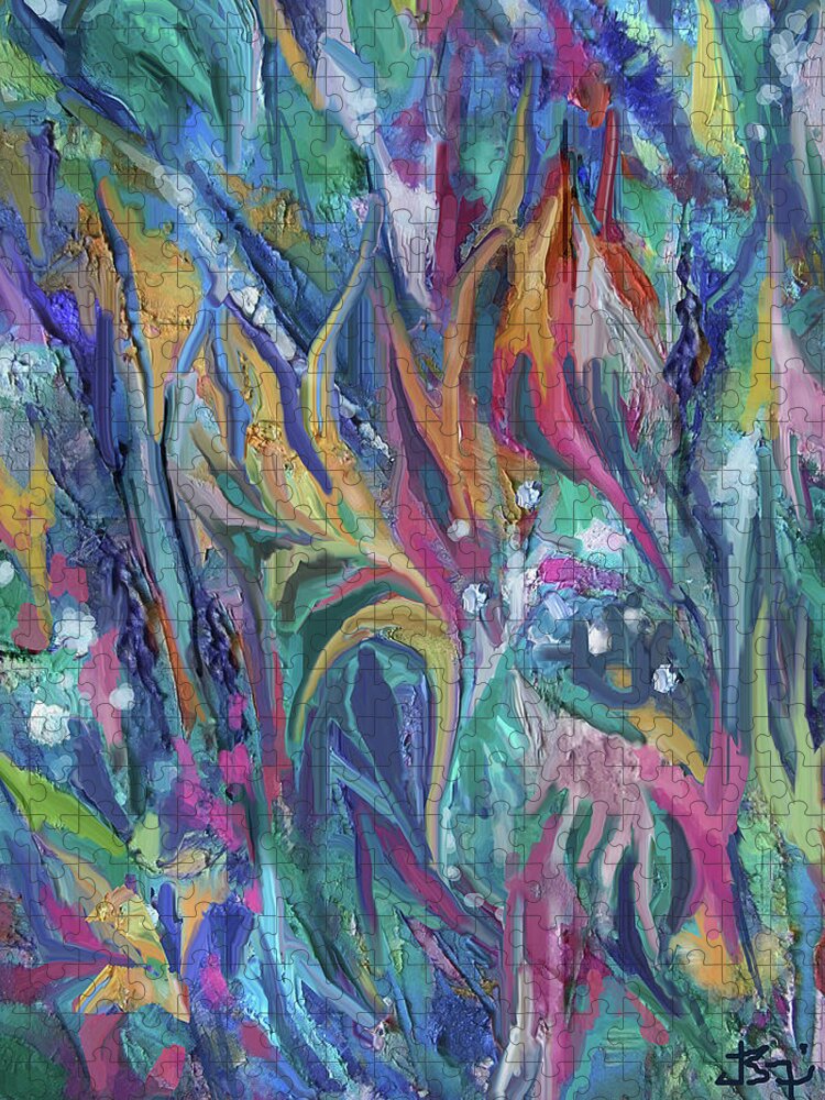 Colorful Abstract Jigsaw Puzzle featuring the mixed media Garden Breezes by Jean Batzell Fitzgerald