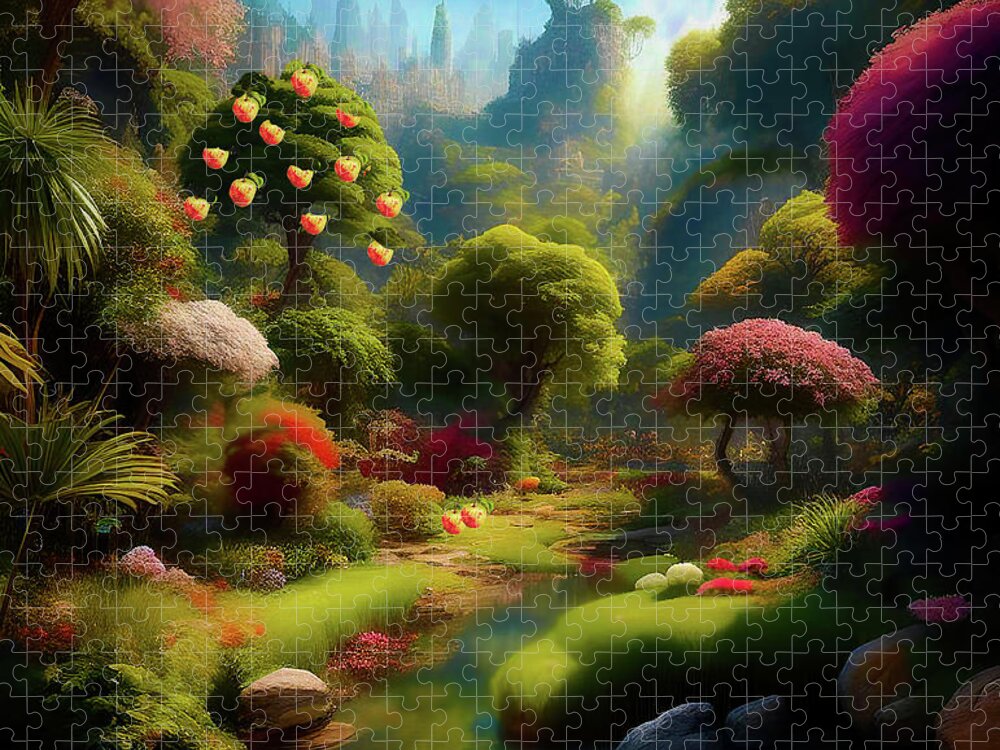 Garden Eden Jigsaw Puzzle featuring the digital art Garden of Eden by Rosalie Scanlon