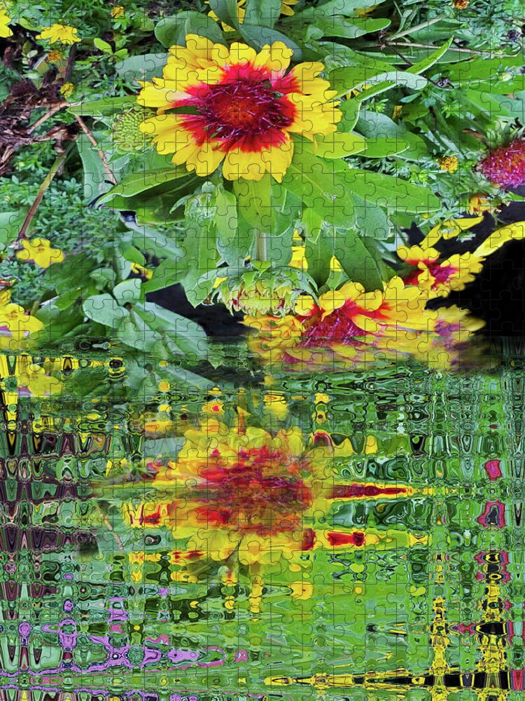 Landscape Jigsaw Puzzle featuring the mixed media Garden Reflections by Sharon Williams Eng