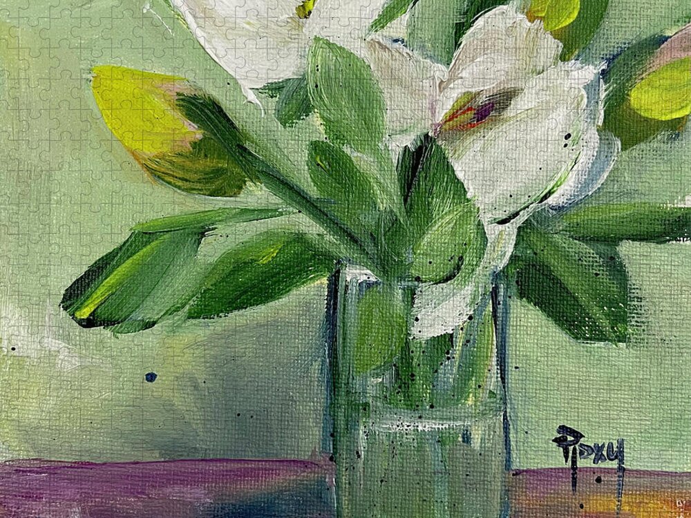 Gardenias Jigsaw Puzzle featuring the painting Gardenias in a Glass by Roxy Rich