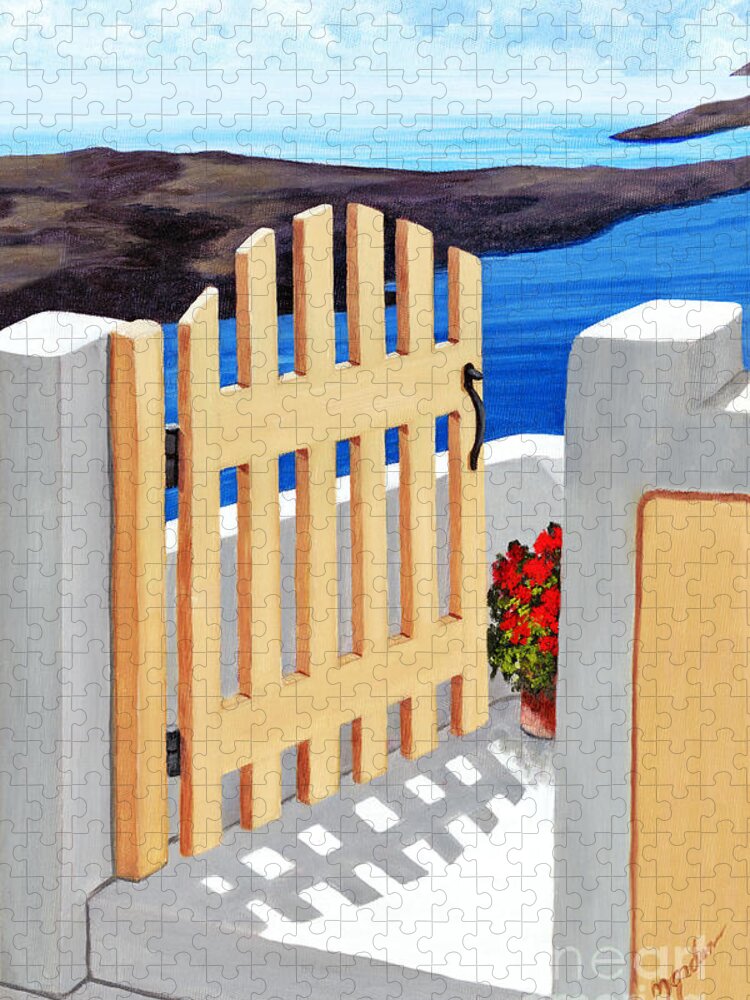 High Contrast Jigsaw Puzzle featuring the painting GATEWAY TO SANTORINI- print of oil painting by Mary Grden