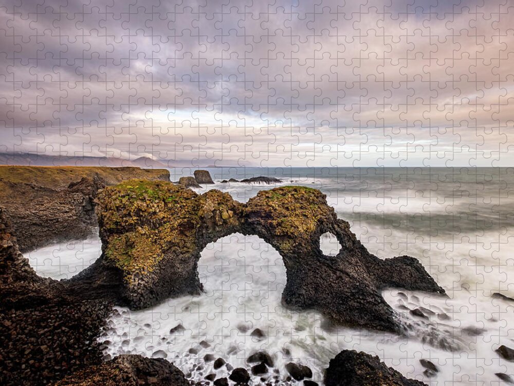 Gatklettur Jigsaw Puzzle featuring the photograph Gatklettur rock arch in Iceland by Alexios Ntounas