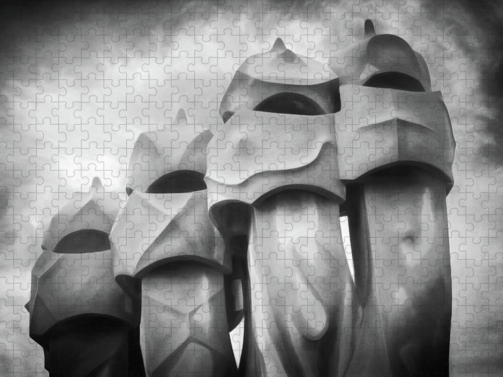 Barcelona Jigsaw Puzzle featuring the photograph Gaudi Warriors Casa Mila Barcelona Black and White by Carol Japp