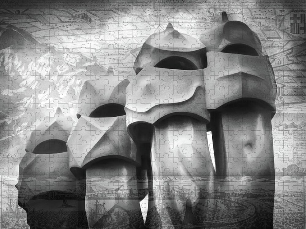 Barcelona Jigsaw Puzzle featuring the photograph Gaudi Warriors Casa Mila Barcelona With Vintage Map Black and White by Carol Japp