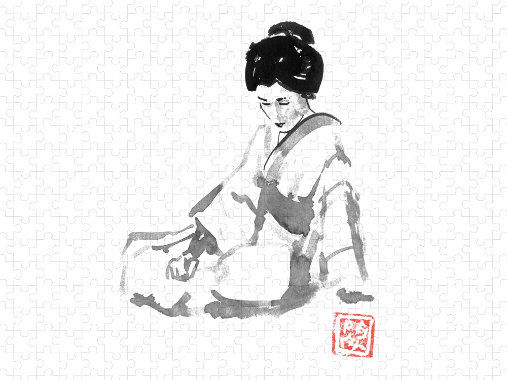Geisha Jigsaw Puzzle featuring the drawing Geisha And Fan by Pechane Sumie
