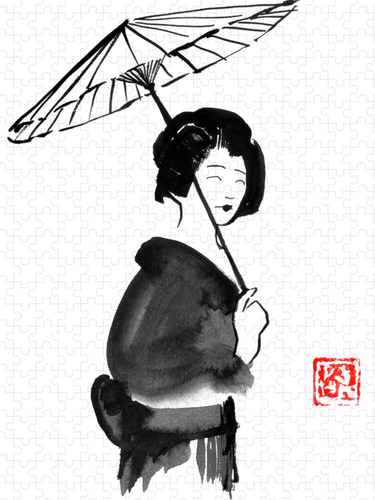 Geisha Jigsaw Puzzle featuring the drawing Geisha With Umbrella by Pechane Sumie
