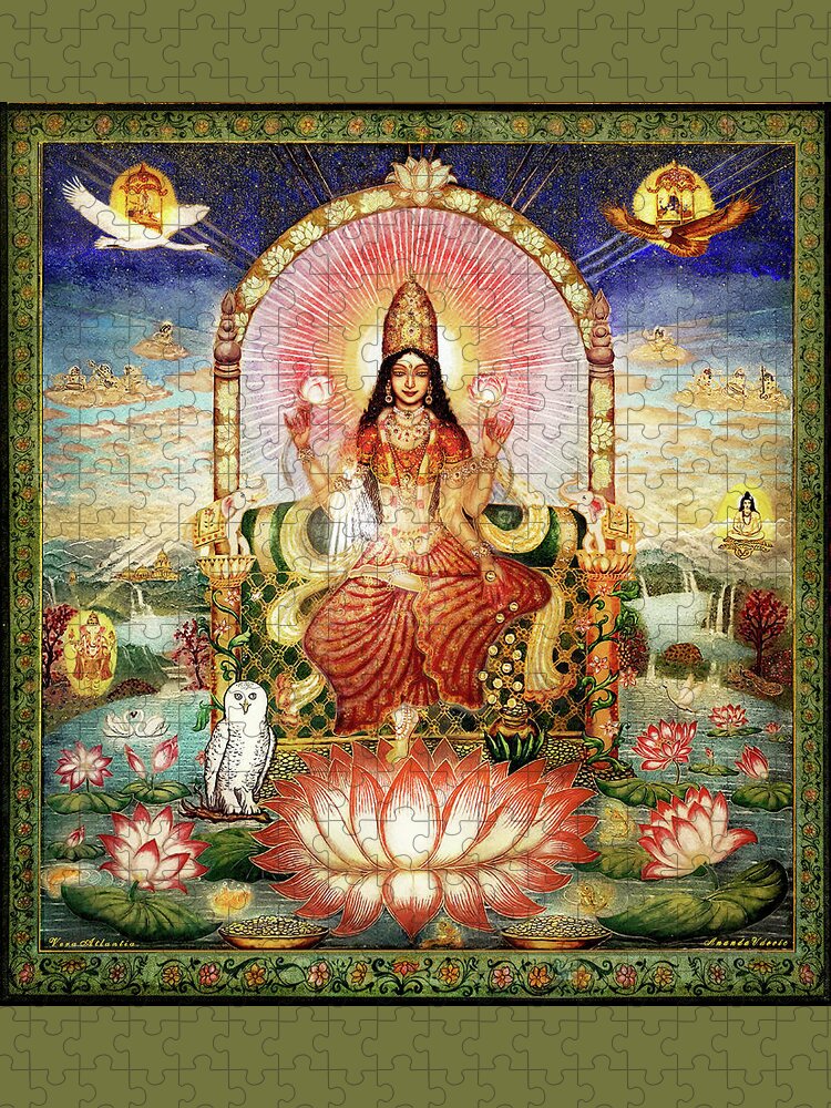 Goddess Jigsaw Puzzle featuring the glass art Gemstone-Painting Lakshmi on the Lotus Throne by Ananda Vdovic