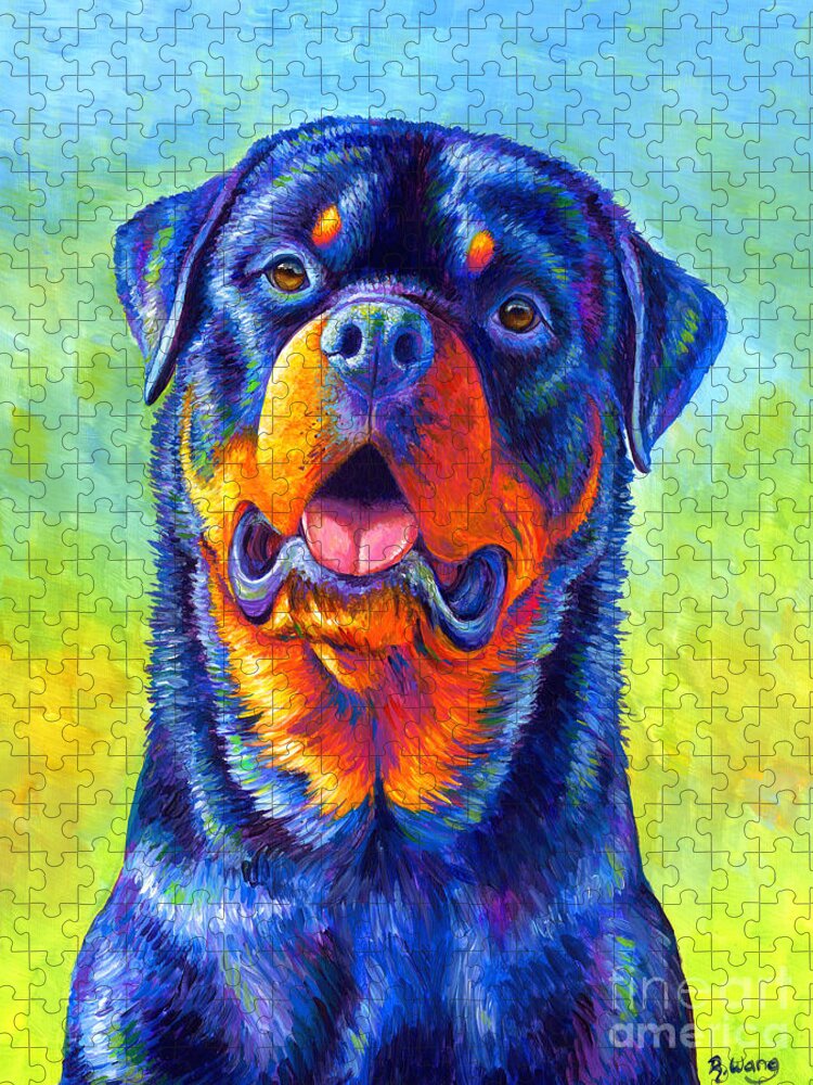 Rottweiler Jigsaw Puzzle featuring the painting Gentle Guardian Colorful Rottweiler Dog by Rebecca Wang