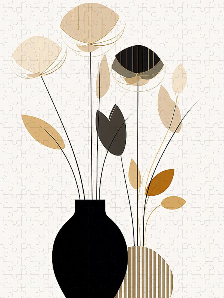 Black And Gold Flower Still Life Jigsaw Puzzle featuring the painting Geometric Flower Vase Art by Lourry Legarde