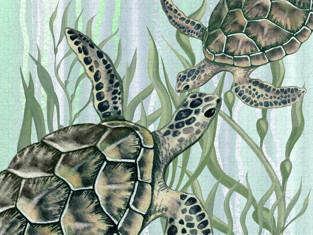 Art For Beach House Decor Ocean Seaweed Giant Turtle Swimming Jigsaw Puzzle featuring the painting Giant Turtles Swimming In The Seaweed Under The Ocean Watercolor Painting IV by Irina Sztukowski