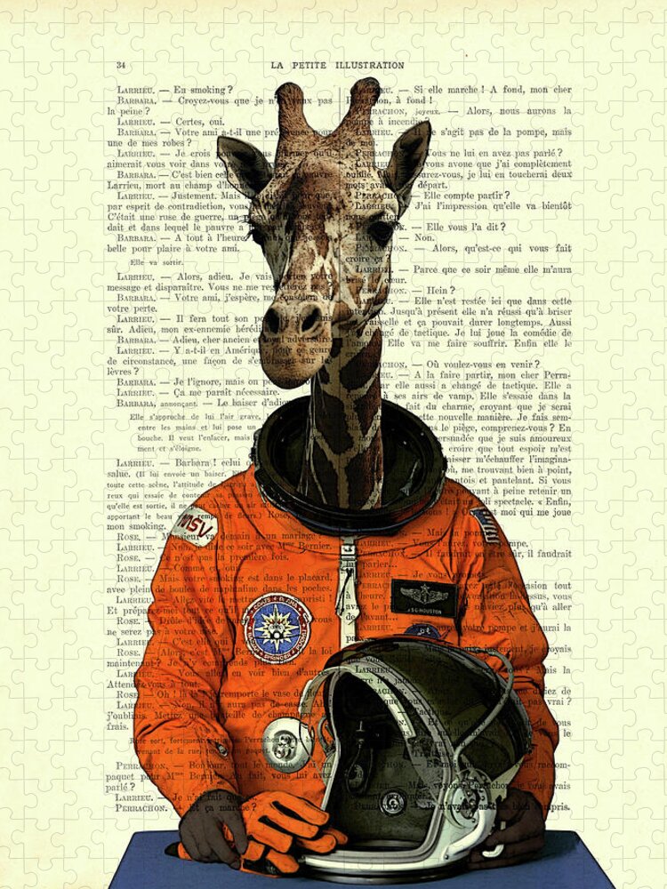 Giraffe Puzzle featuring the digital art Giraffe astronaut, fantasy animal art by Madame Memento
