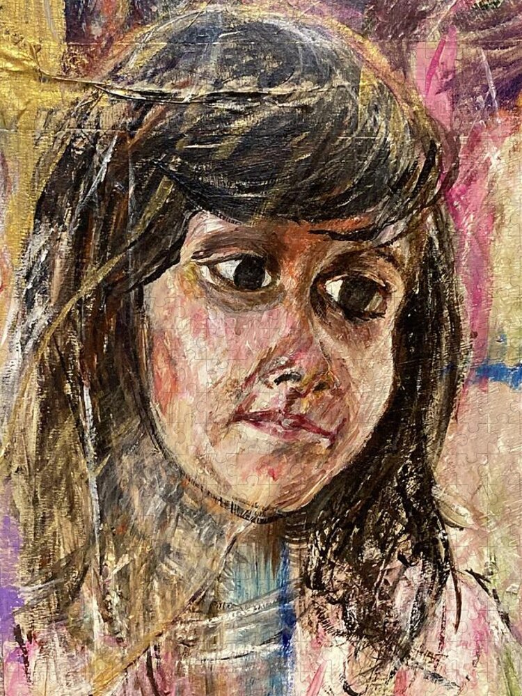 Portrait Of A Young Girl On Colorful Background. Part Of A Family Portraits Series. Jigsaw Puzzle featuring the painting Girl by David Euler