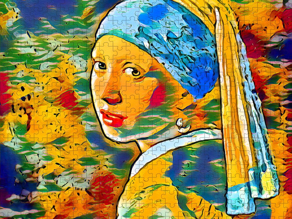 Girl With A Pearl Earring Jigsaw Puzzle featuring the digital art Girl with a Pearl Earring by Johannes Vermeer - dark blue, orange, and green, colorful recreation by Nicko Prints