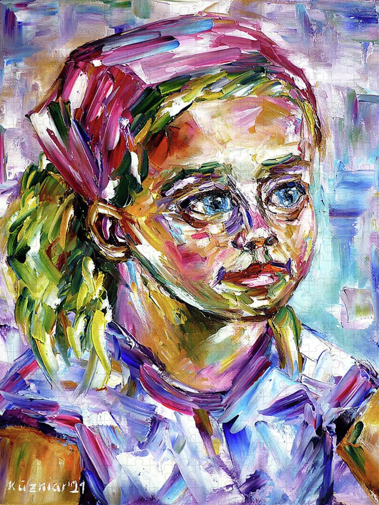 Child From Holland Jigsaw Puzzle featuring the painting Girl With A Pink Hair Band by Mirek Kuzniar