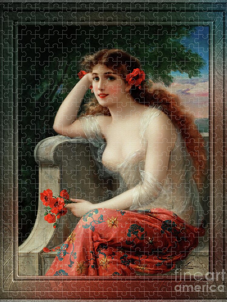 Girl With A Poppy Jigsaw Puzzle featuring the painting Girl with a Poppy by Emile Vernon Vintage Fine Art Xzendor7 Old Masters Reproductions by Rolando Burbon
