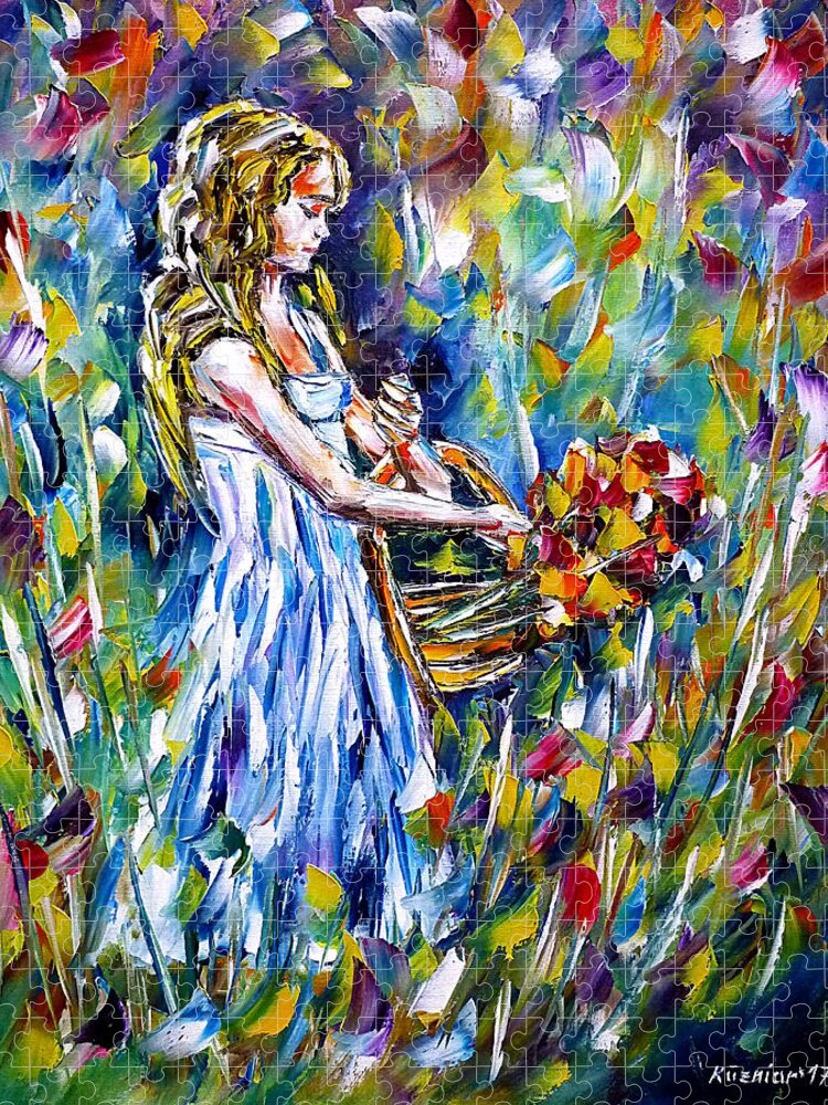 Young Girl Jigsaw Puzzle featuring the painting Girl With Flower Basket by Mirek Kuzniar