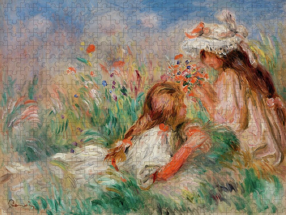 French Jigsaw Puzzle featuring the painting Girls in the Grass Arranging a Bouquet 1890 by Pierre-Auguste Renoir