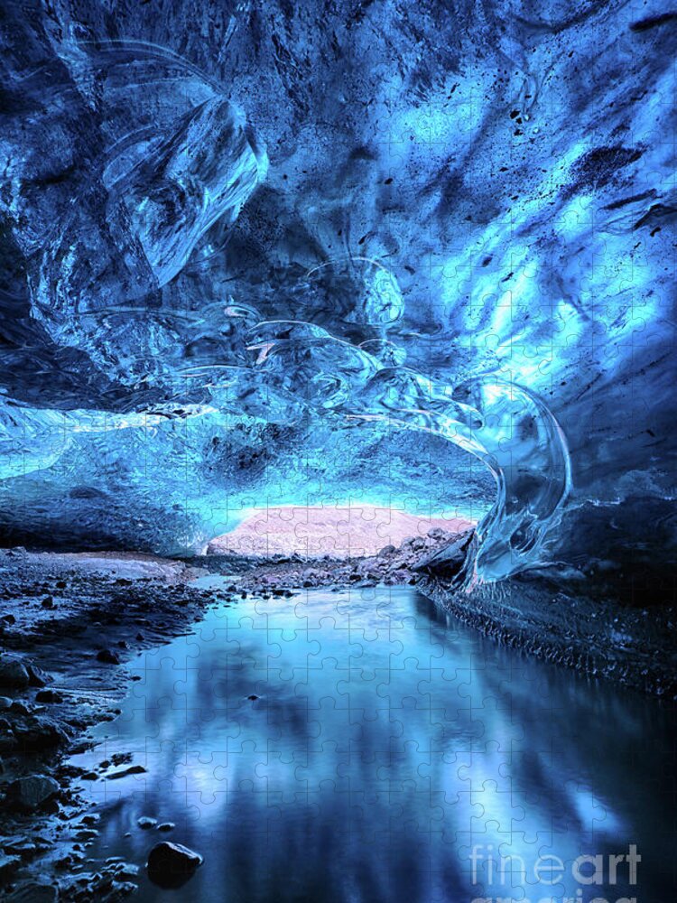 Iceland Jigsaw Puzzle featuring the photograph Glacial river flows through a blue ice cave. Part of the Vatnajo by Jane Rix