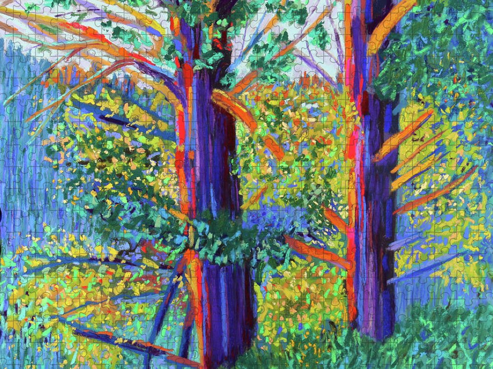 Impressionistic Trees Jigsaw Puzzle featuring the painting Glad for Sun After Weeks of Rain by Polly Castor