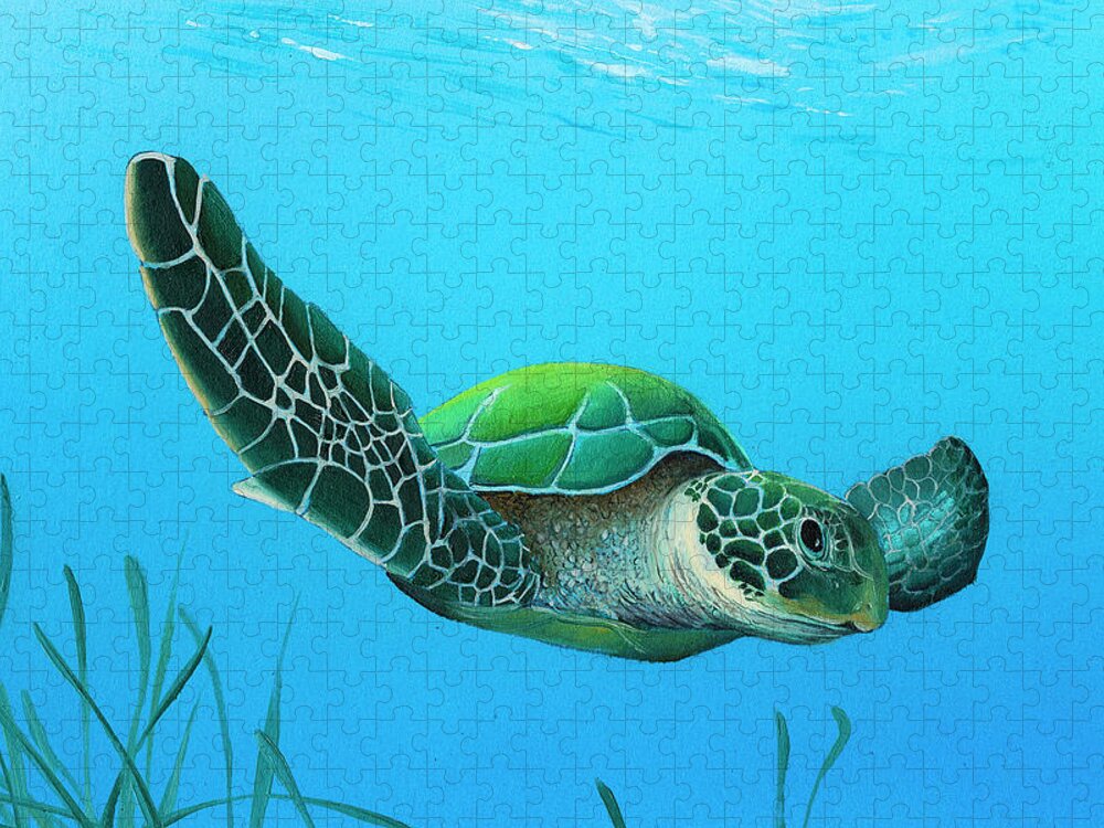 Sea Turtle Jigsaw Puzzle featuring the painting Gliding by Mike Brown