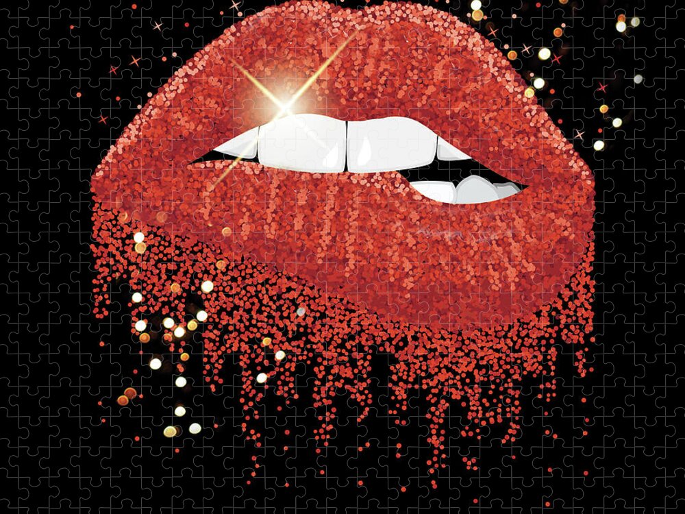 Lips Jigsaw Puzzle featuring the mixed media Glitter Lips Mask - Red by Chris Andruskiewicz