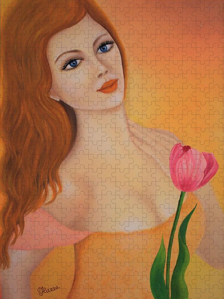 Portrait Wall Art Home Décor Face Girl Flower Tulip Oil Canvas Oil Painting Original Art Picture Wall Art Painting Art For The Living Room Office Decor Gift Idea For Him Gift Idea For Her Lady Jigsaw Puzzle featuring the painting Gloria by Tanya Harr