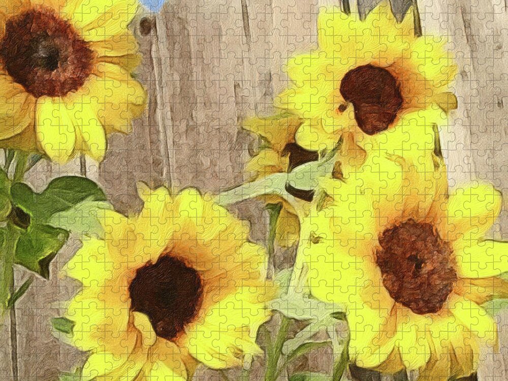Sunflowers Jigsaw Puzzle featuring the digital art Glowing Sunflowers by Wendy Golden