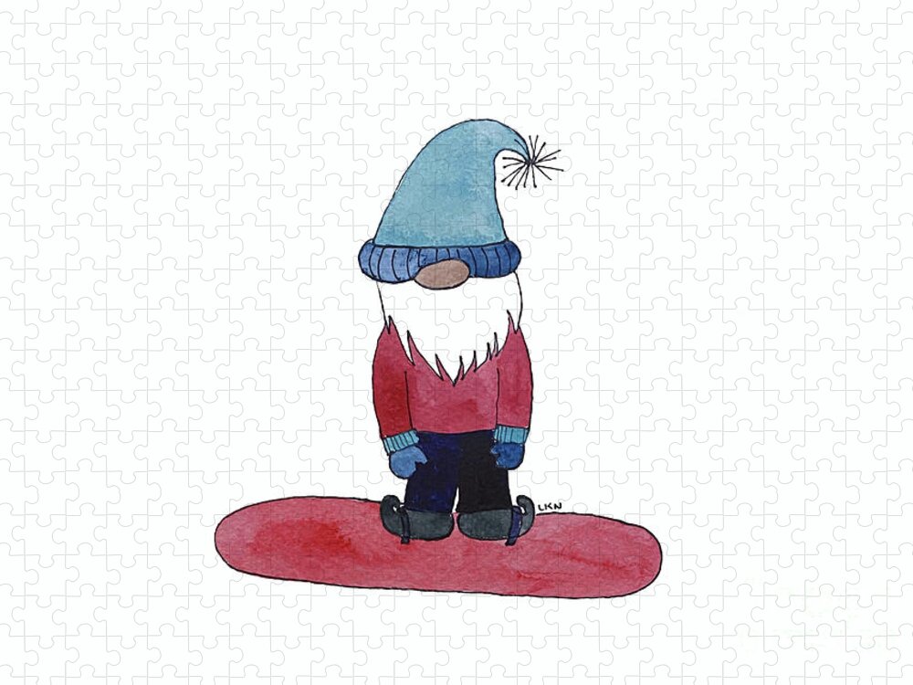 Snowboard Jigsaw Puzzle featuring the mixed media Gnome on Snowboard by Lisa Neuman