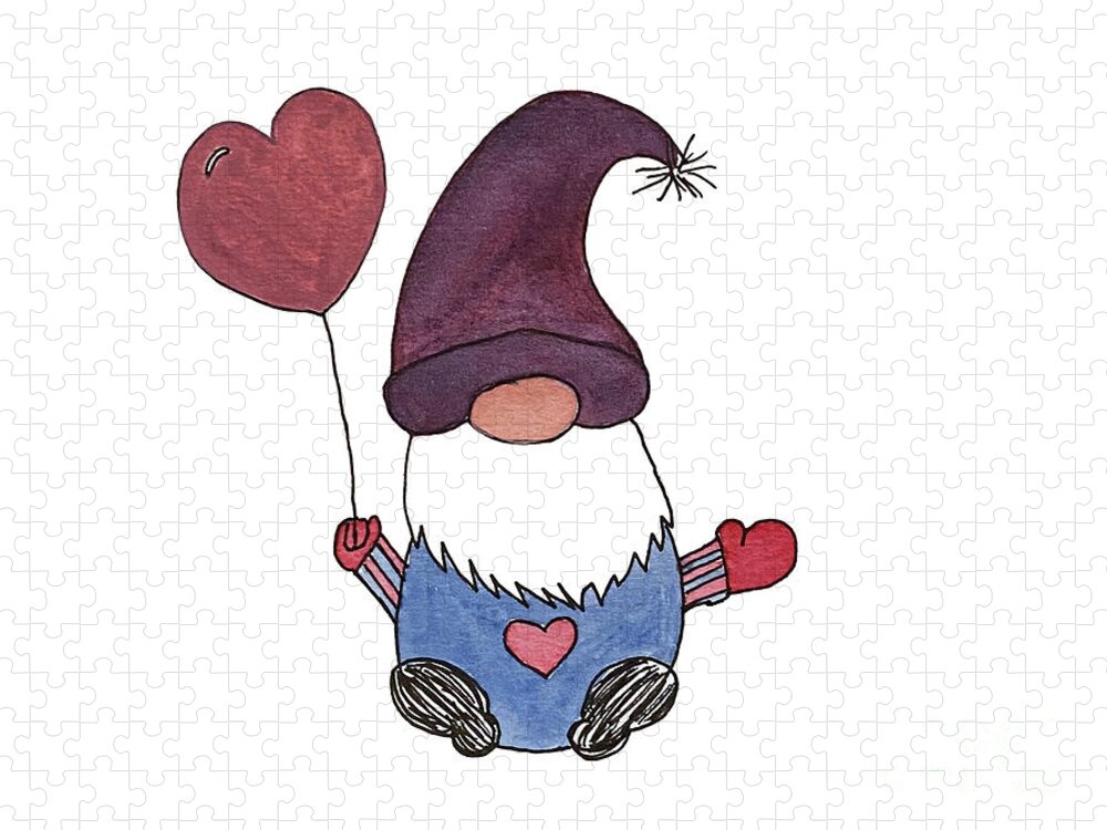 Valentine's Day Jigsaw Puzzle featuring the mixed media Gnome with Purple Hat by Lisa Neuman