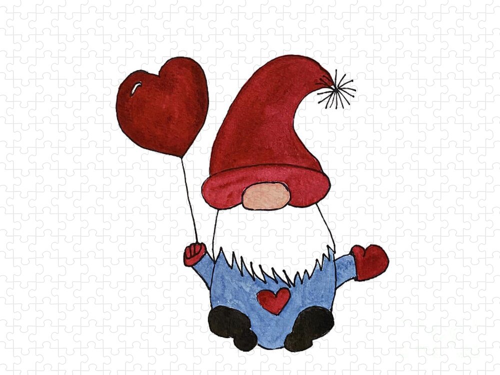 Valentine's Day Jigsaw Puzzle featuring the mixed media Gnome with Red Hat by Lisa Neuman