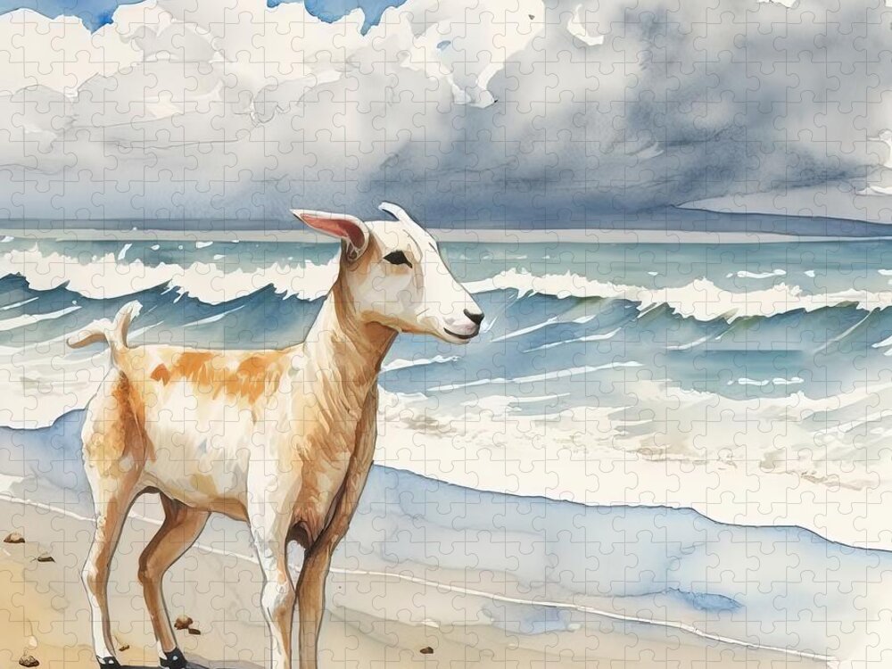 Farm Jigsaw Puzzle featuring the painting Goat At Beach by N Akkash
