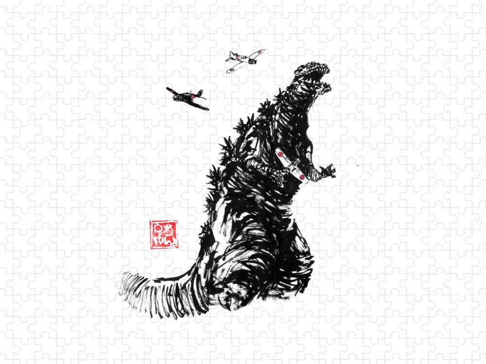 Sumie Jigsaw Puzzle featuring the drawing Godzilla Zero by Pechane Sumie