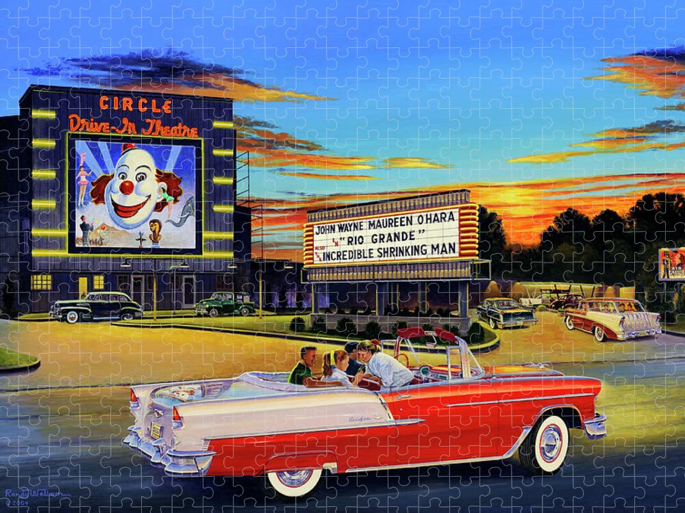 Circle Drive-in Theatre Jigsaw Puzzle featuring the painting Goin' Steady - The Circle Drive-In Theatre by Randy Welborn