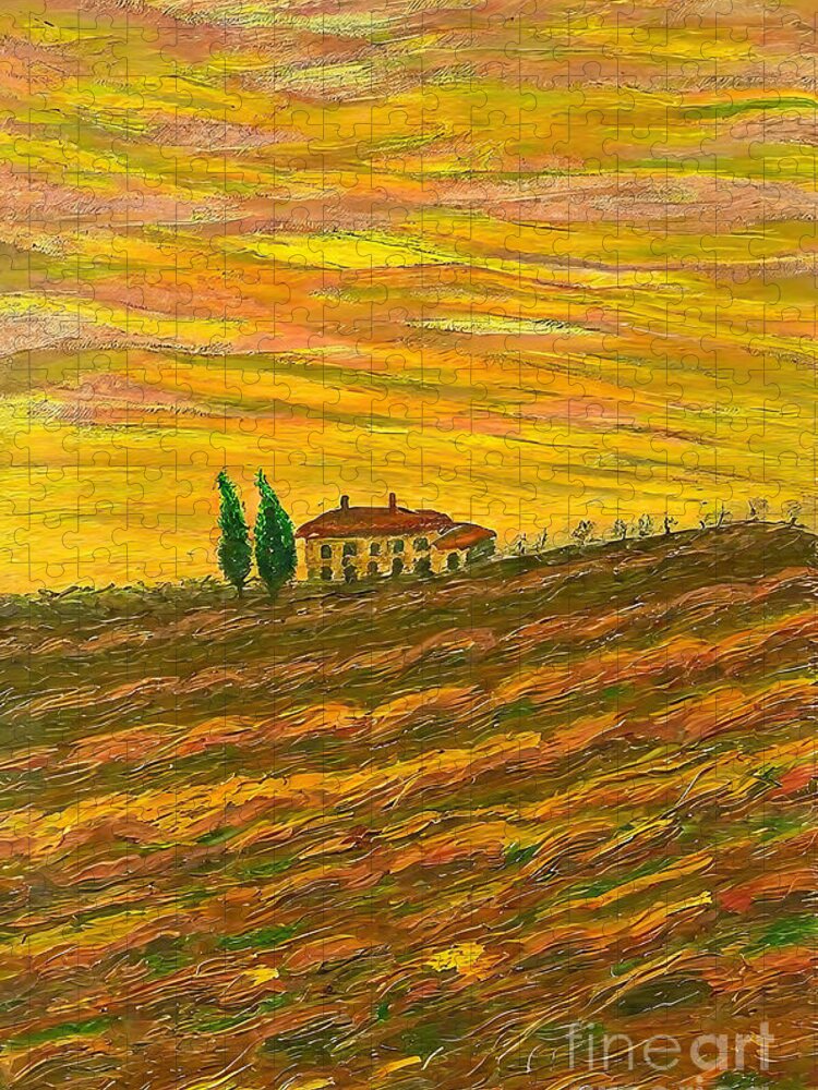 Painting Jigsaw Puzzle featuring the painting Gold fields of Tuscany Painting painting yellow italy fineart tuscany fields art buy art landscape minimalism modern oil by N Akkash