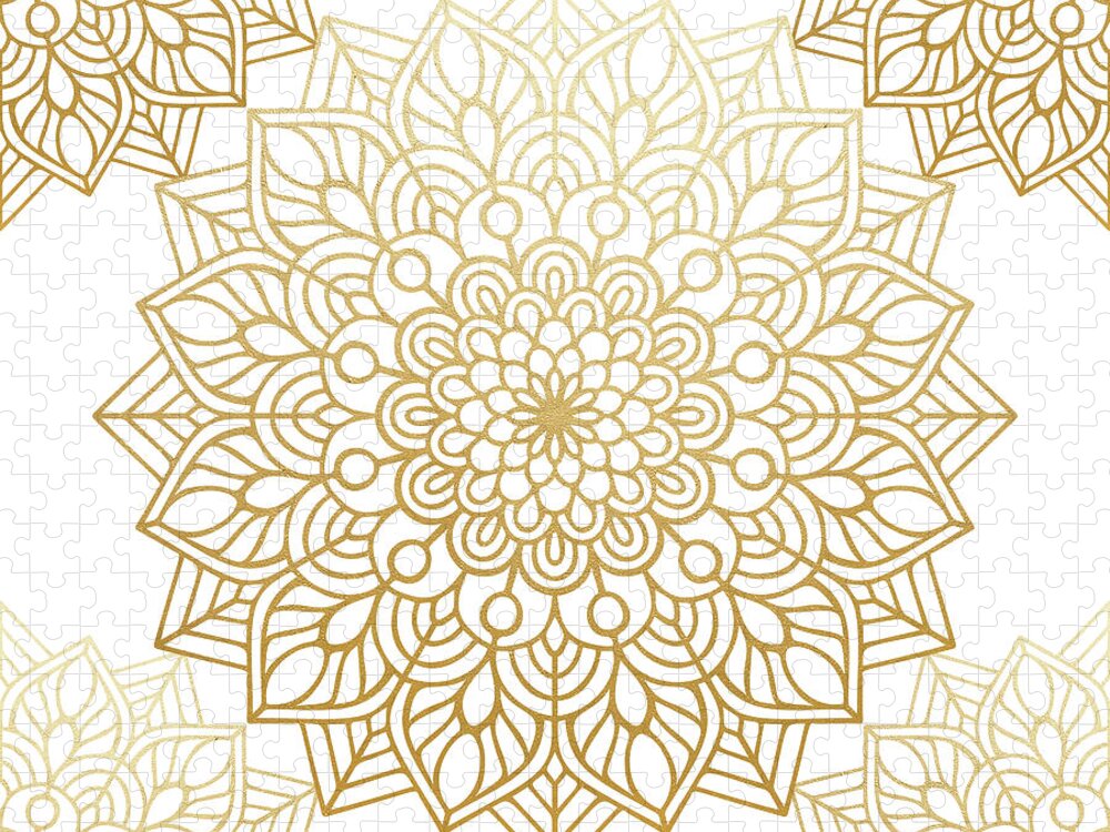 Mandala Jigsaw Puzzle featuring the digital art Gold Mandala Pattern in White Background by Sambel Pedes
