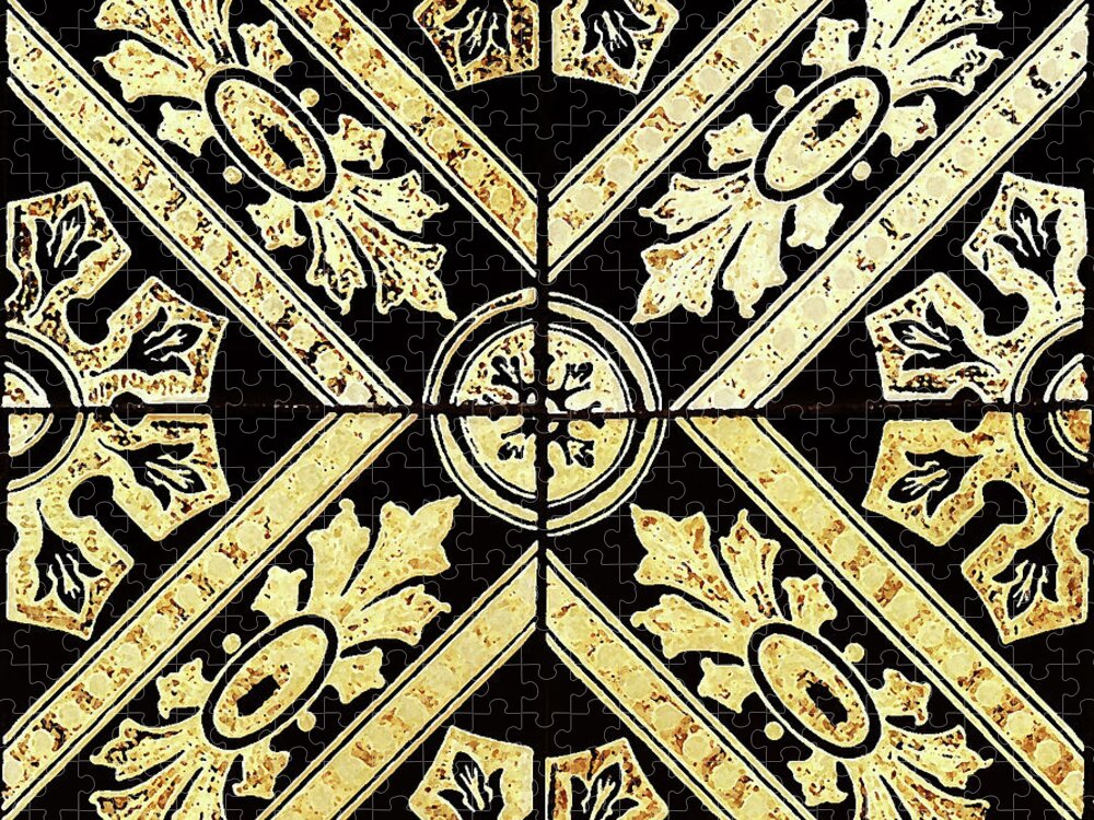Gold Tiles Jigsaw Puzzle featuring the digital art Gold On Black Tiles Mosaic Design Decorative Art IV by Irina Sztukowski