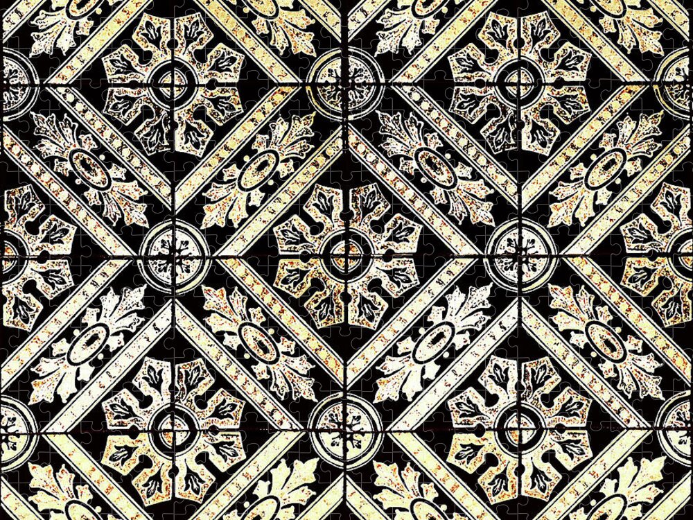 Gold Tiles Jigsaw Puzzle featuring the digital art Gold On Black Tiles Mosaic Design Decorative Art V by Irina Sztukowski