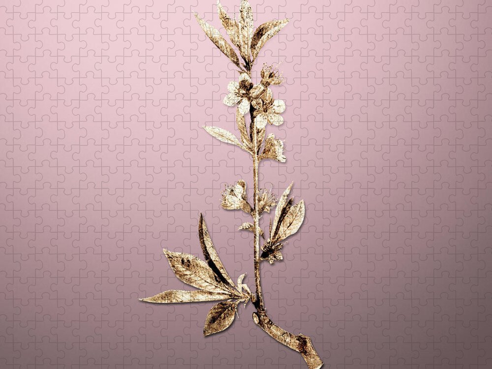 Gold Jigsaw Puzzle featuring the painting Gold Pink Flower Branch on Rose Quartz n.02768 by Holy Rock Design