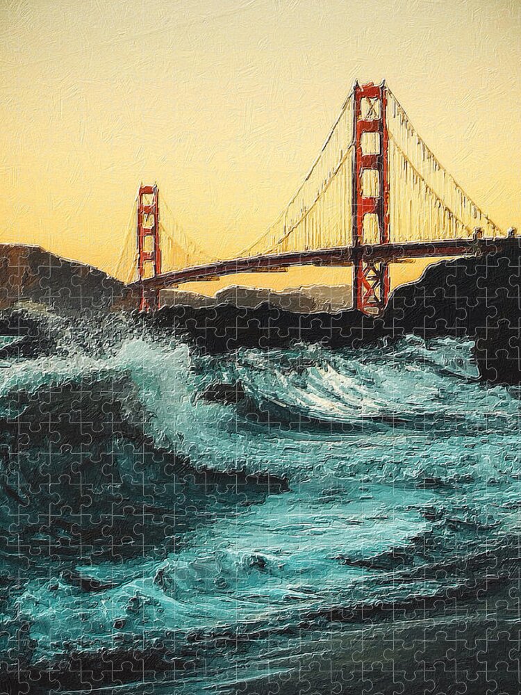 Golden Gate Jigsaw Puzzle featuring the painting Golden Gate Bridge Gold Bay by Tony Rubino